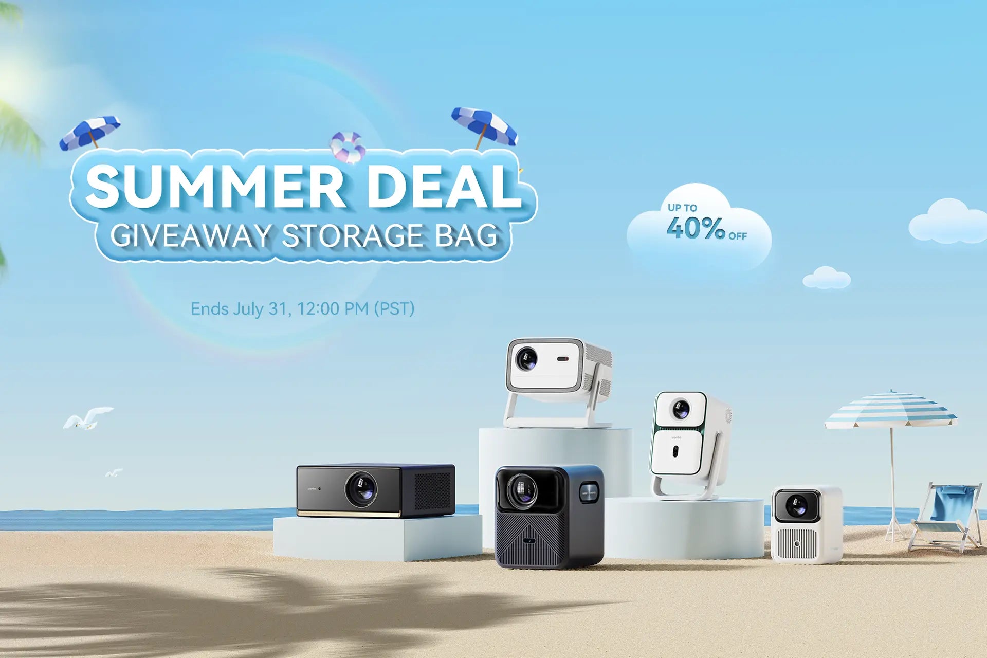 Wanbo summer deal banner. Displays "SUMMER DEAL GIVEAWAY STORAGE BAG" with up to 40% off, ending July 31, 12:00 PM (PST)