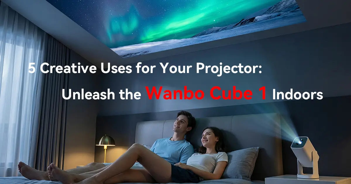 A young couple is enjoying a movie under the stars, projected on their bedroom ceiling by the white Wanbo Cube 1 portable projector.