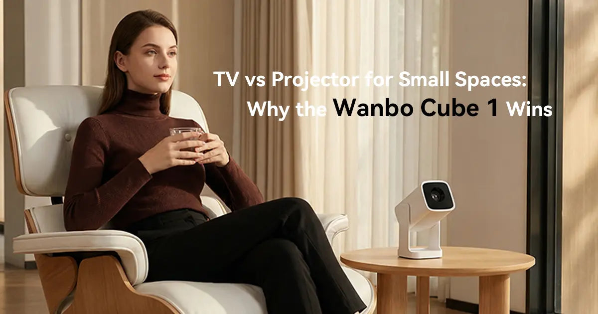 A side-by-side comparison illustrating the space-saving advantage of the Wanbo Cube 1 portable projector over a traditional TV in a small bedroom.