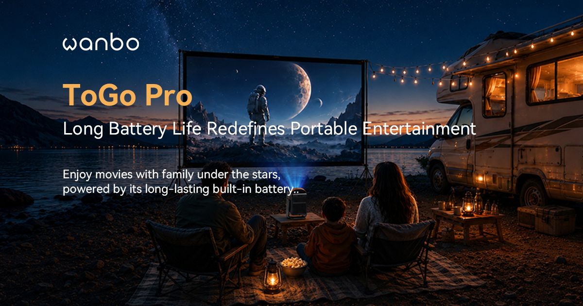 Wanbo ToGo Pro Long Battery Life Redefines Portable Entertainment. Enjoy movies with family under the stars, powered by its long-lasting built-in battery.