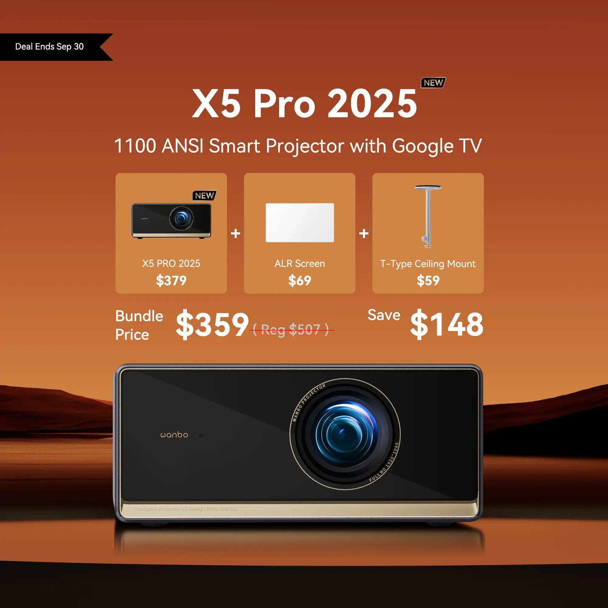 Bundle deal for a Wanbo X5 Pro 2025 projector, ALR screen, and ceiling mount for $359, saving $148. Deal ends Sep 30.