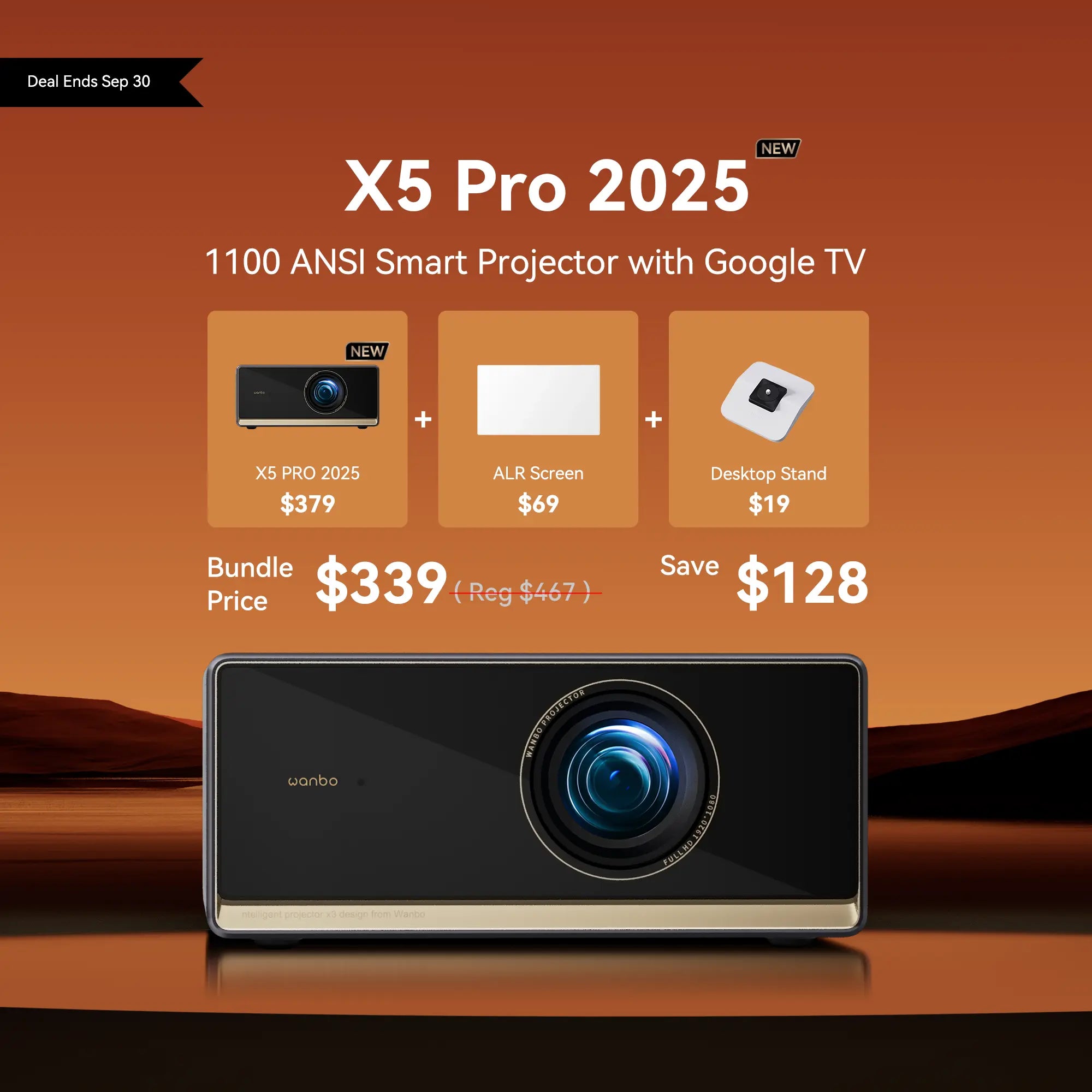 Bundle deal for a Wanbo X5 Pro 2025 projector, ALR screen, and desktop stand for $339, saving $128. Deal ends Sep 30.