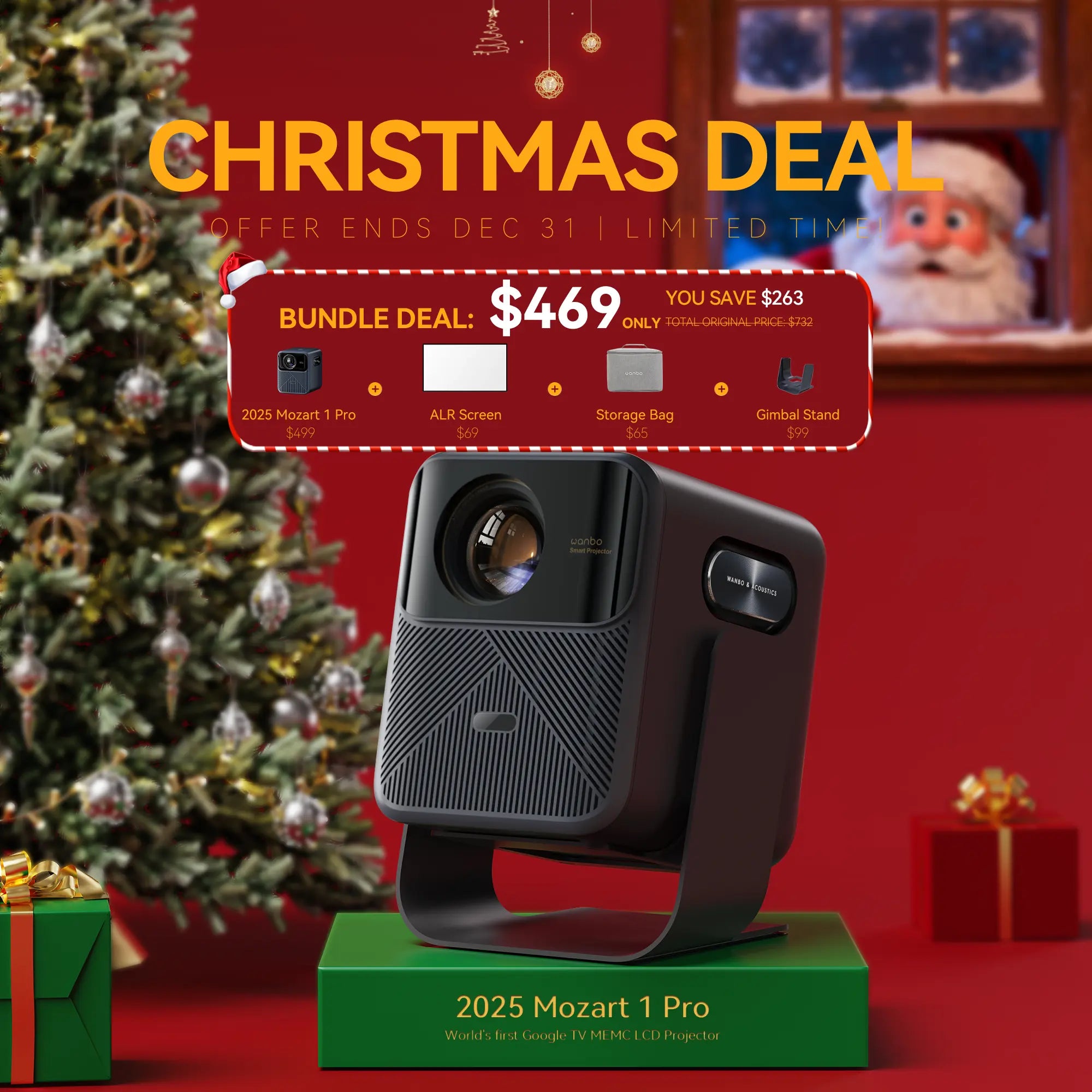 Wanbo Christmas Bundle Deal: 2025 Mozart 1 Pro Google TV MEMC LCD Projector with AIR Screen, Storage Bag, and Gimbal Stand for $469. Save $263. Limited time offer ends Dec 31.