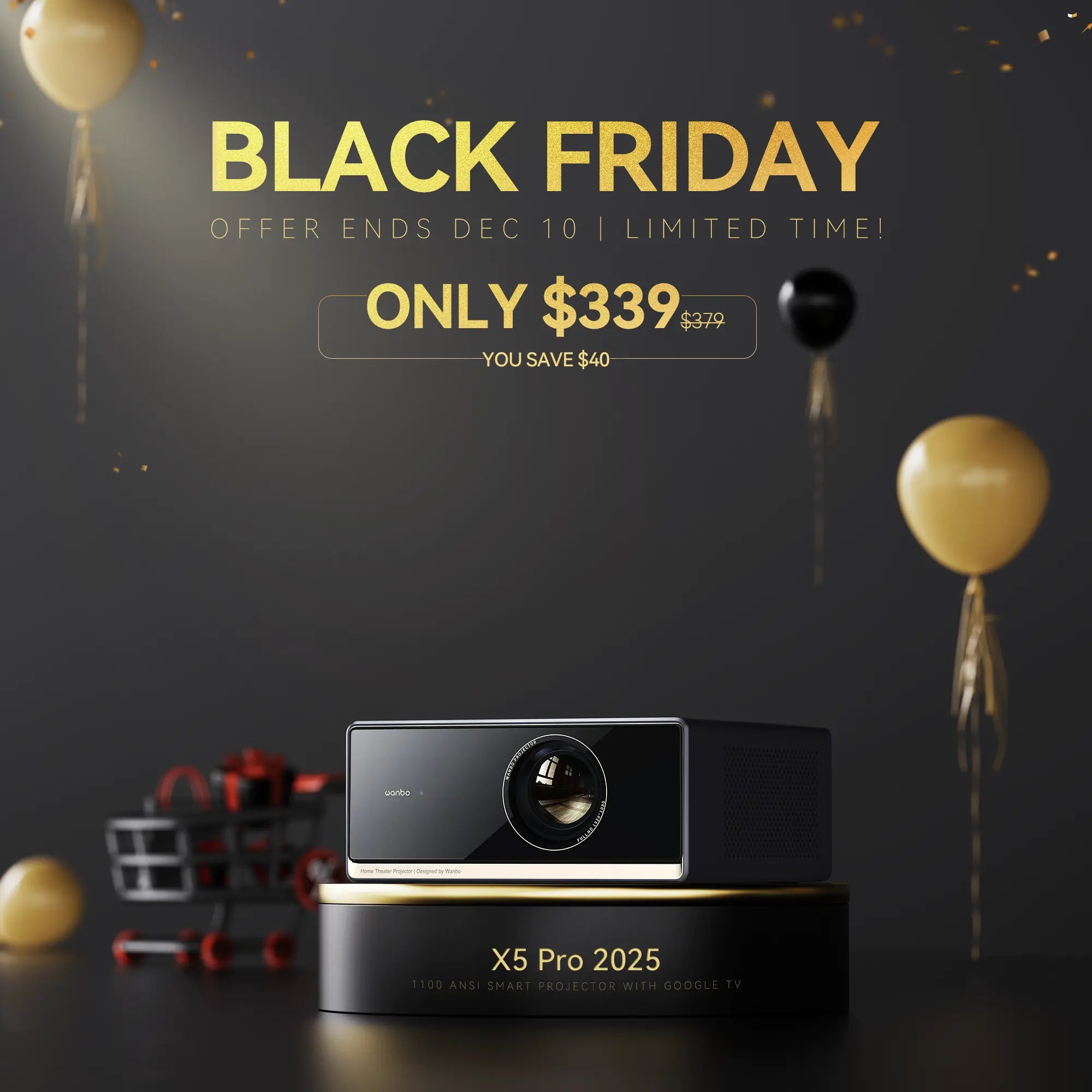 Wanbo Black Friday deal for the X5 Pro 2025, a 1100 ANSI smart projector with Google TV, now $339 (save $40). Offer ends December 10.