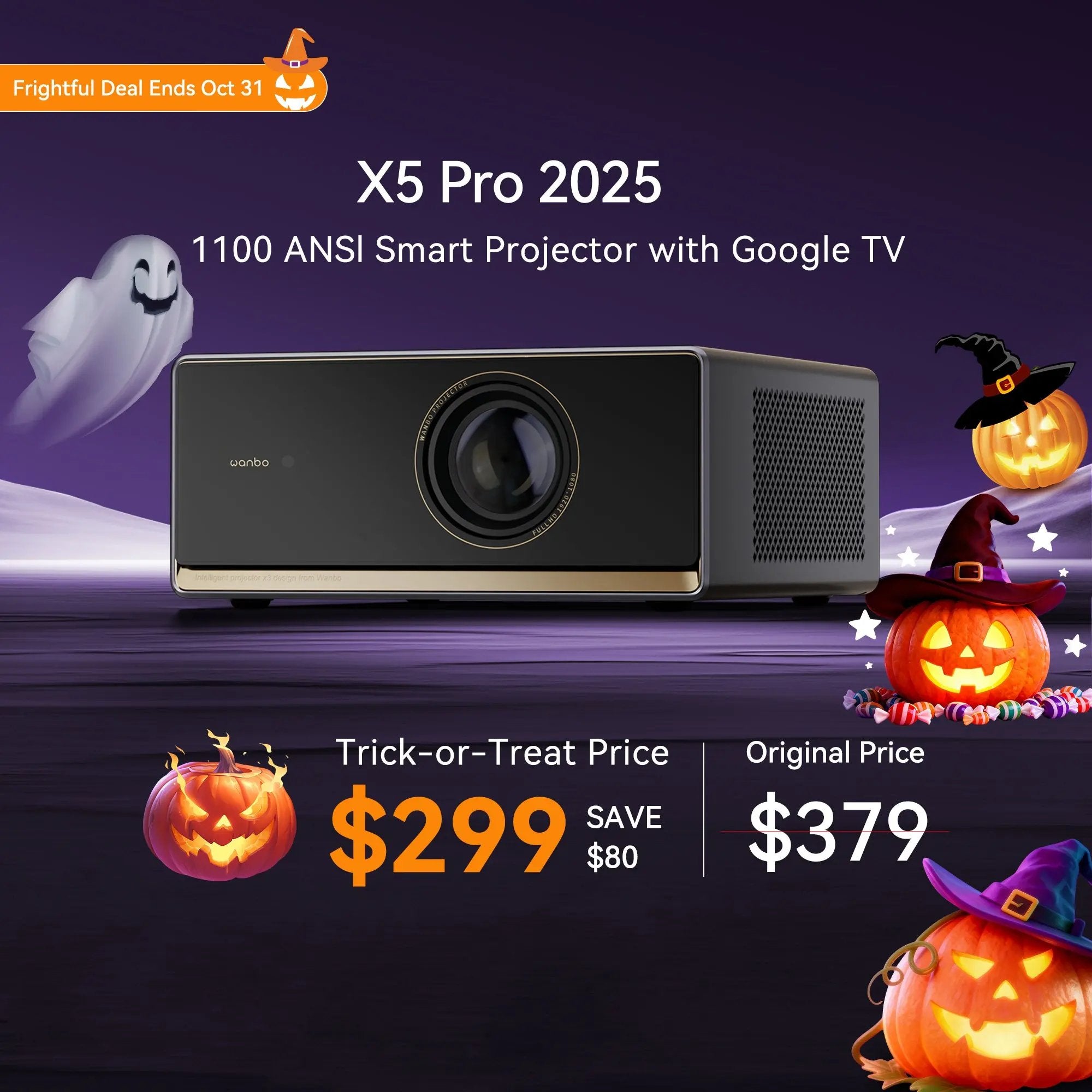 Wanbo X5 Pro 2025 projector. Special price $299, saving $80.