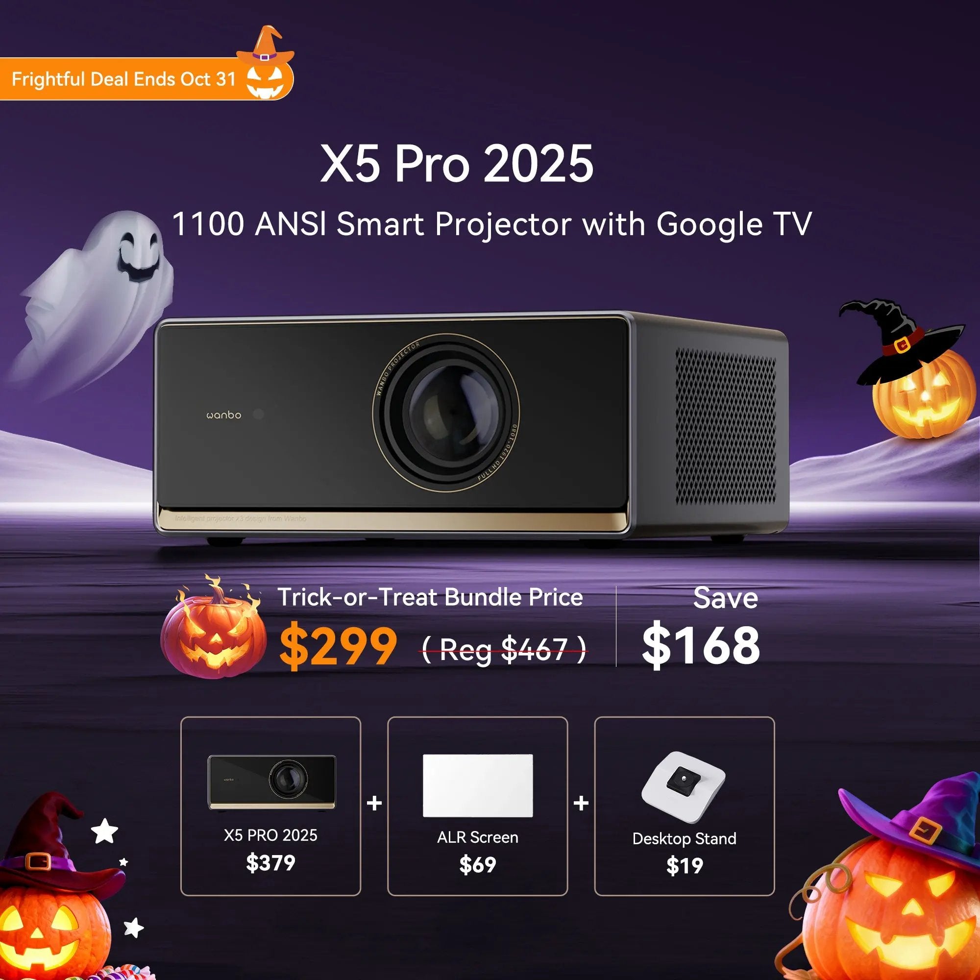 Wanbo X5 Pro 2025 projector with ALR screen and desktop stand. Bundle price $299, saving $168.