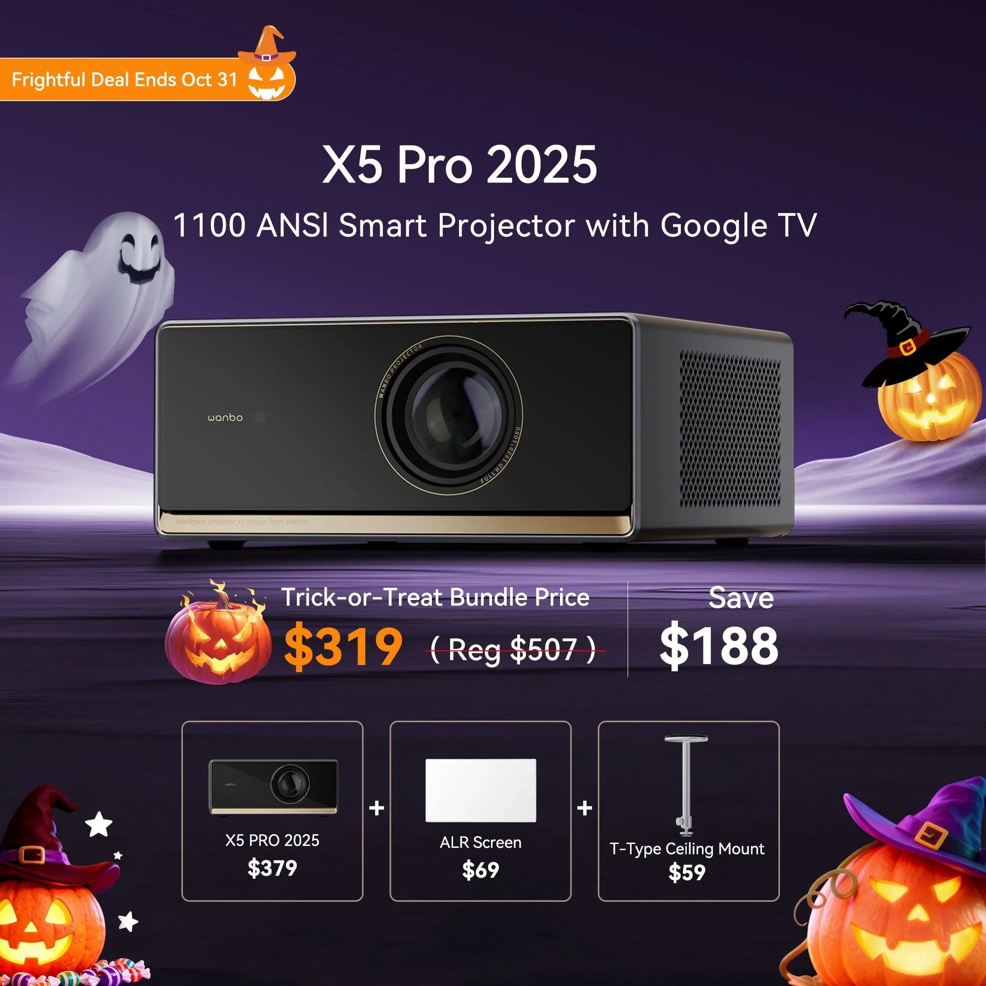 Wanbo X5 Pro 2025 projector with ALR screen and ceiling mount. Bundle price $319, saving $188.