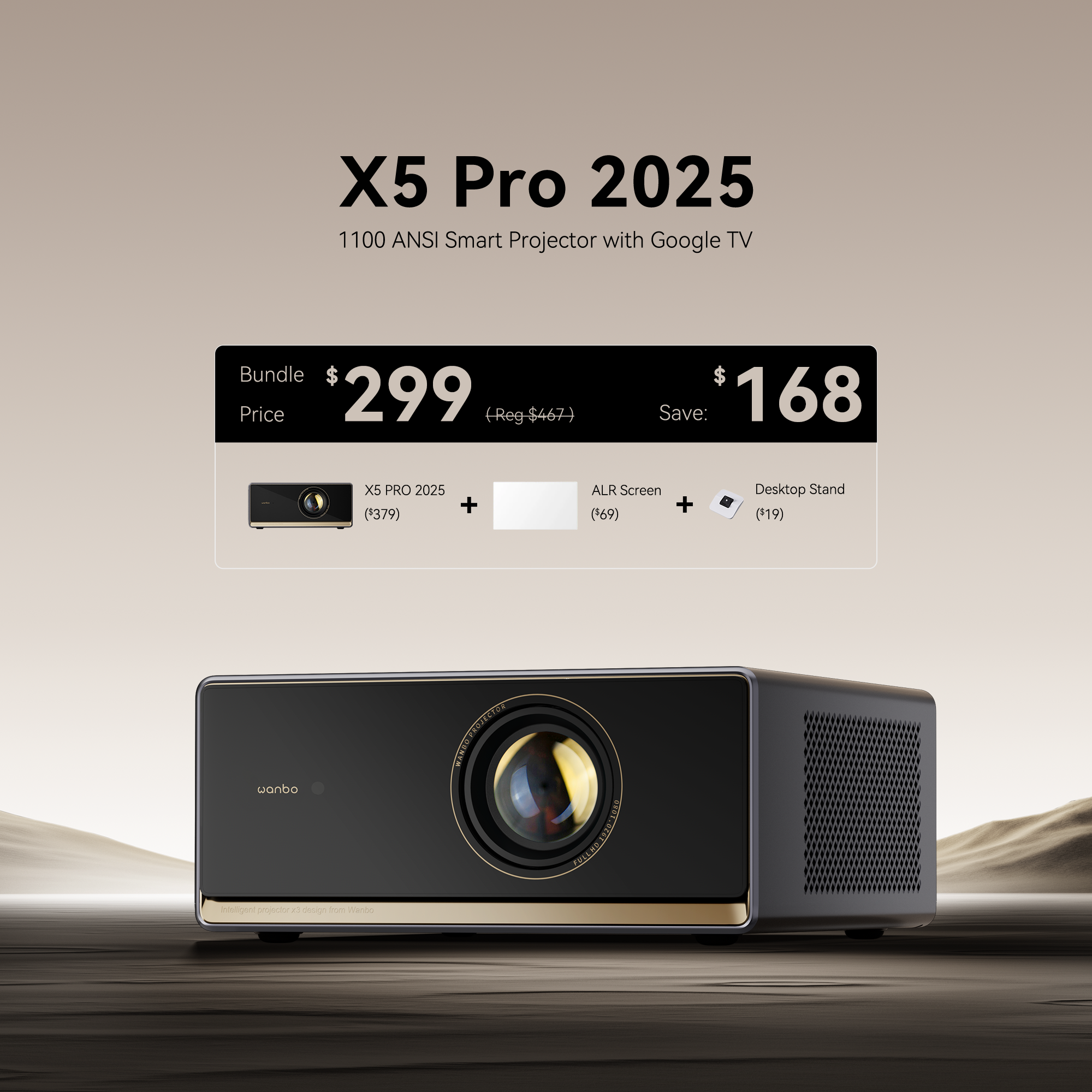 Wanbo X5 Pro 2025 Projector, ALR Screen & Desktop Stand Bundle for $299 | Save $168 | All-in-One Desk Cinema Solution