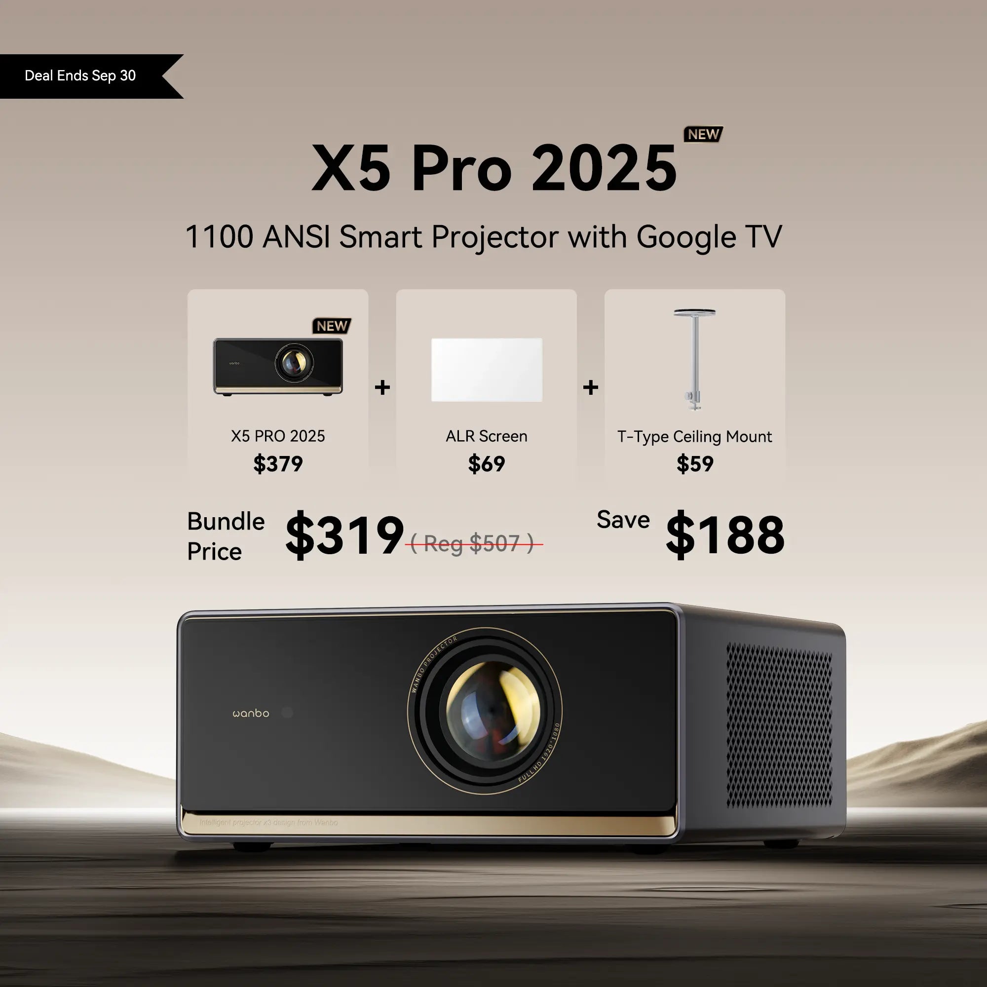 Bundle deal for a Wanbo X5 Pro 2025 projector, ALR screen, and ceiling mount for $319, saving $188. Deal ends Sep 30.