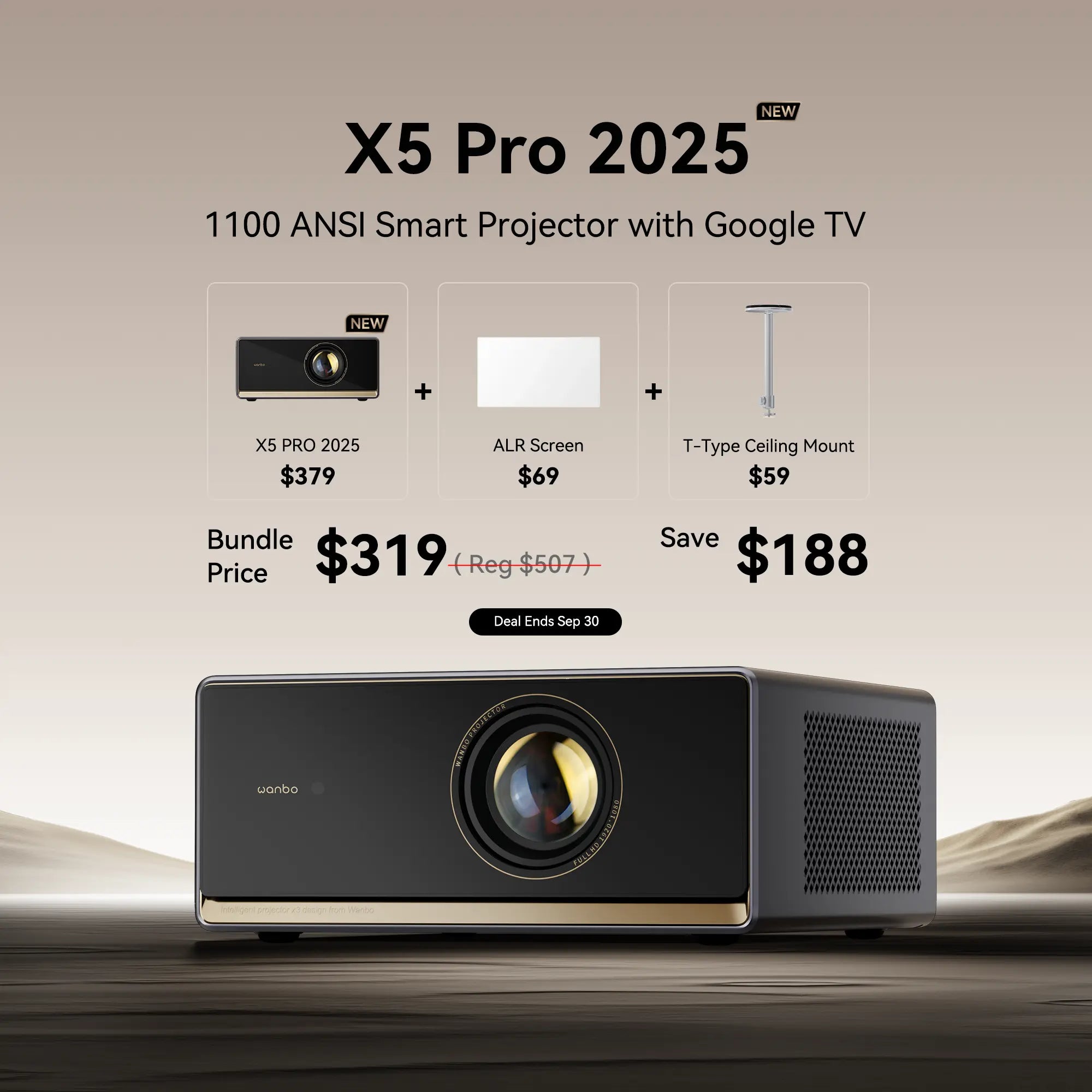 Bundle deal for a Wanbo X5 Pro 2025 projector, ALR screen, and ceiling mount for $319, saving $188. Deal ends Sep 30.