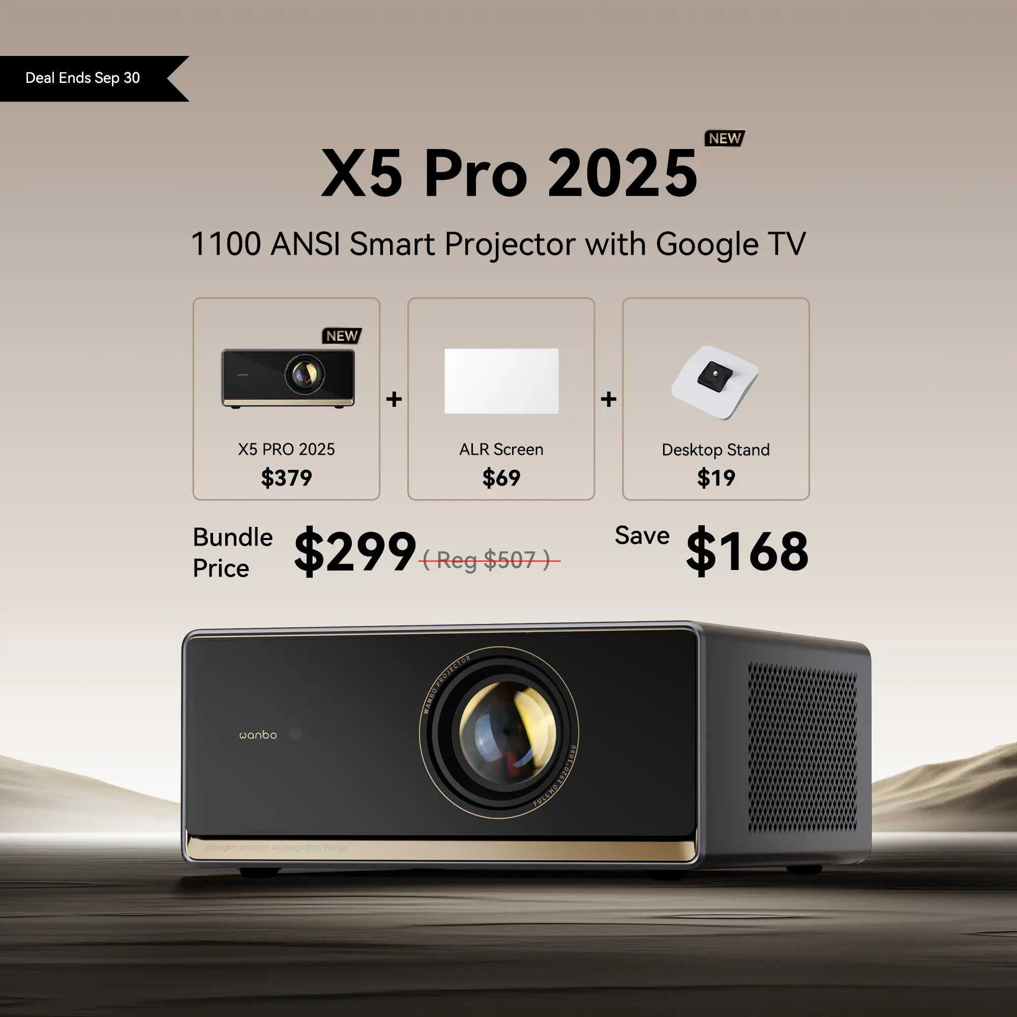 Bundle deal for a Wanbo X5 Pro 2025 projector, ALR screen, and desktop stand for $299, saving $168. Deal ends Sep 30.