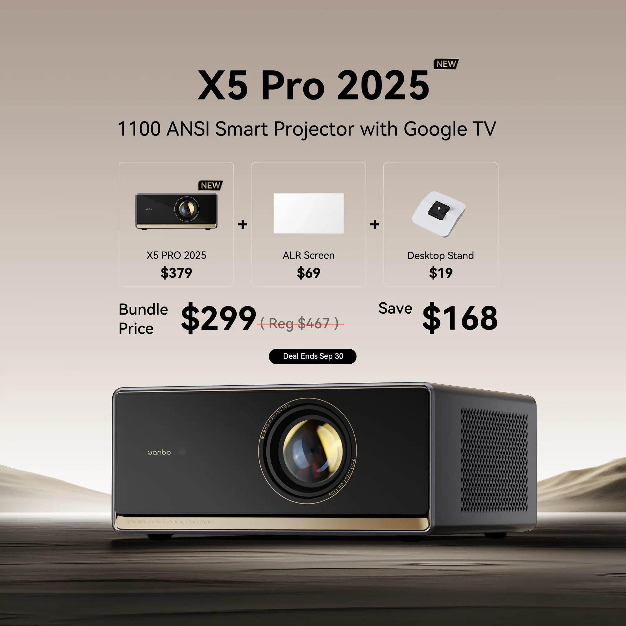 Bundle deal for a Wanbo X5 Pro 2025 projector, ALR screen, and desktop stand for $299, saving $168. Deal ends Sep 30.
