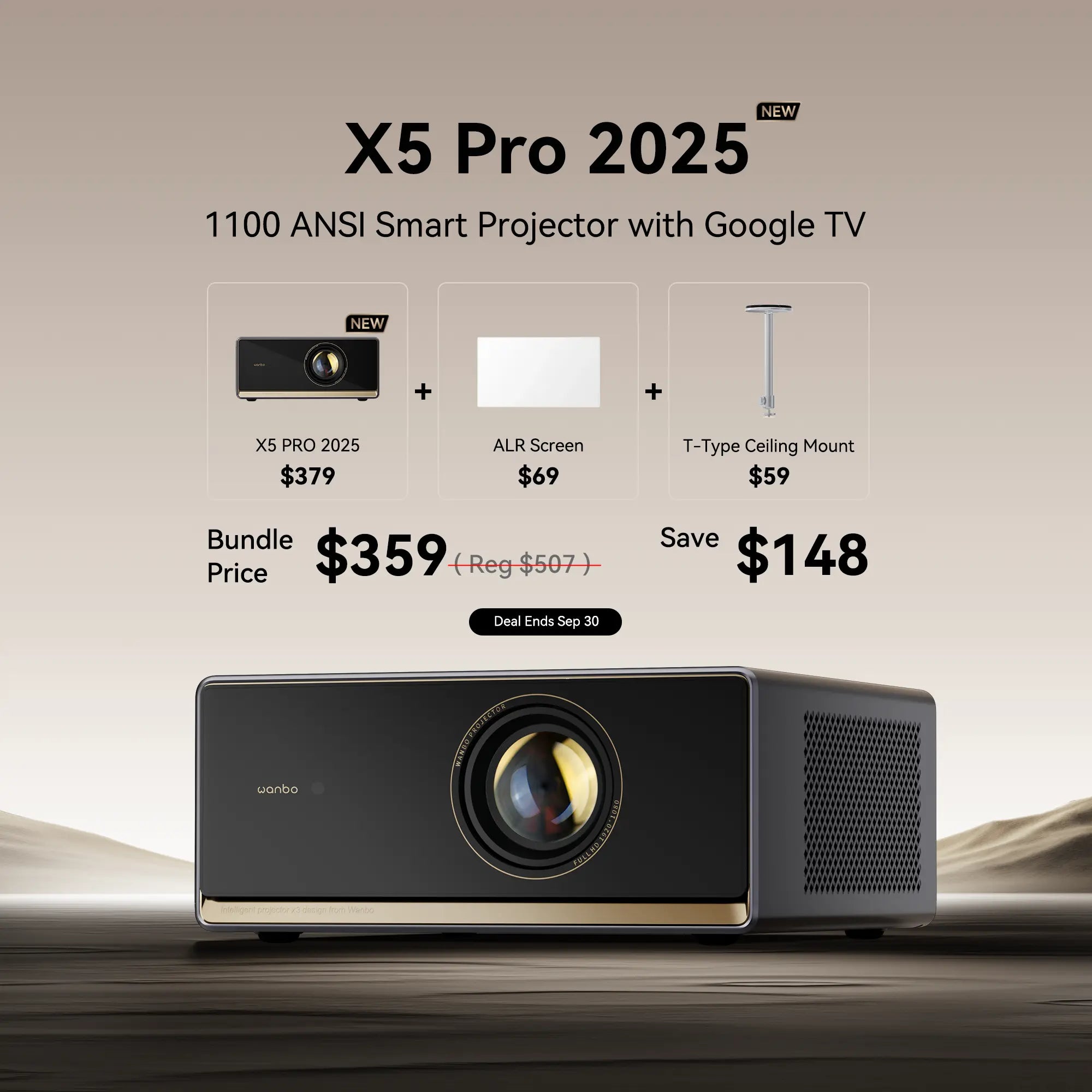 Bundle deal for a Wanbo X5 Pro 2025 projector, ALR screen, and ceiling mount for $359, saving $148. Deal ends Sep 30.