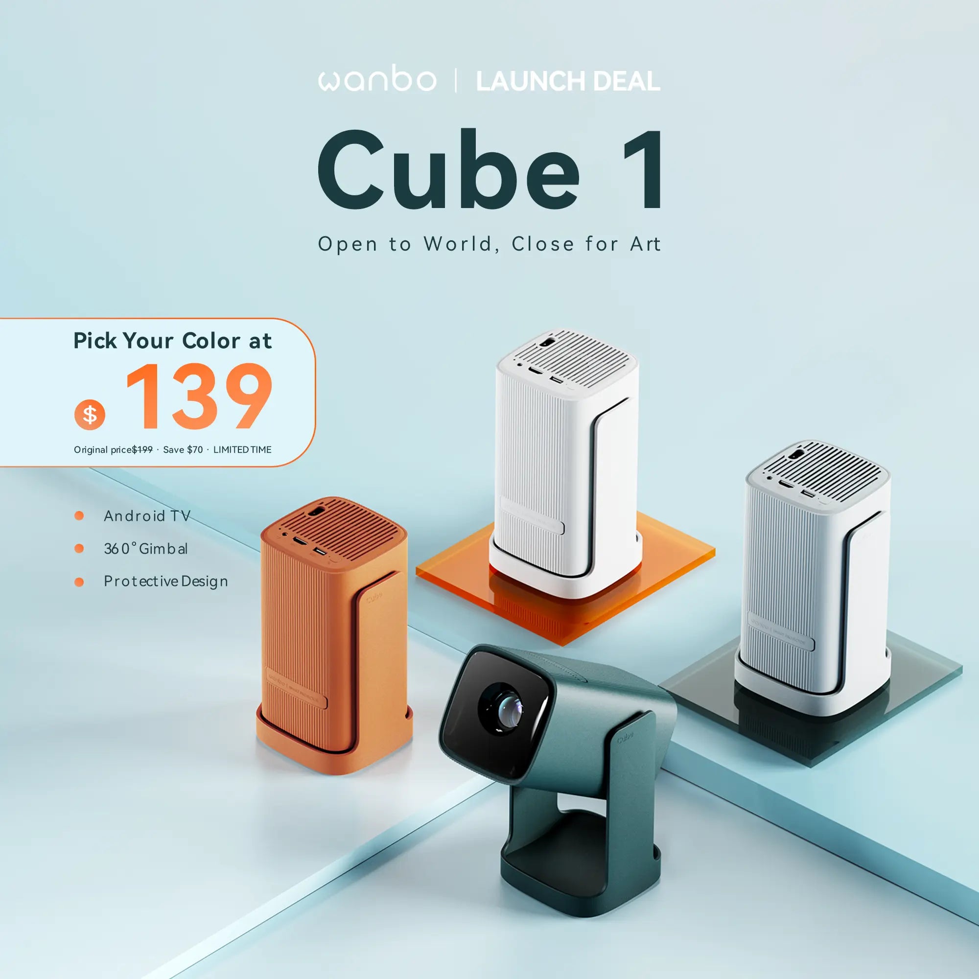 Wanbo Cube 1 projector in four colors – Alpine White, Canyon Orange, Dark Green, Sky Blue – on launch deal for $139. Save $60. Features Android TV, 360° Gimbal, and protective design.