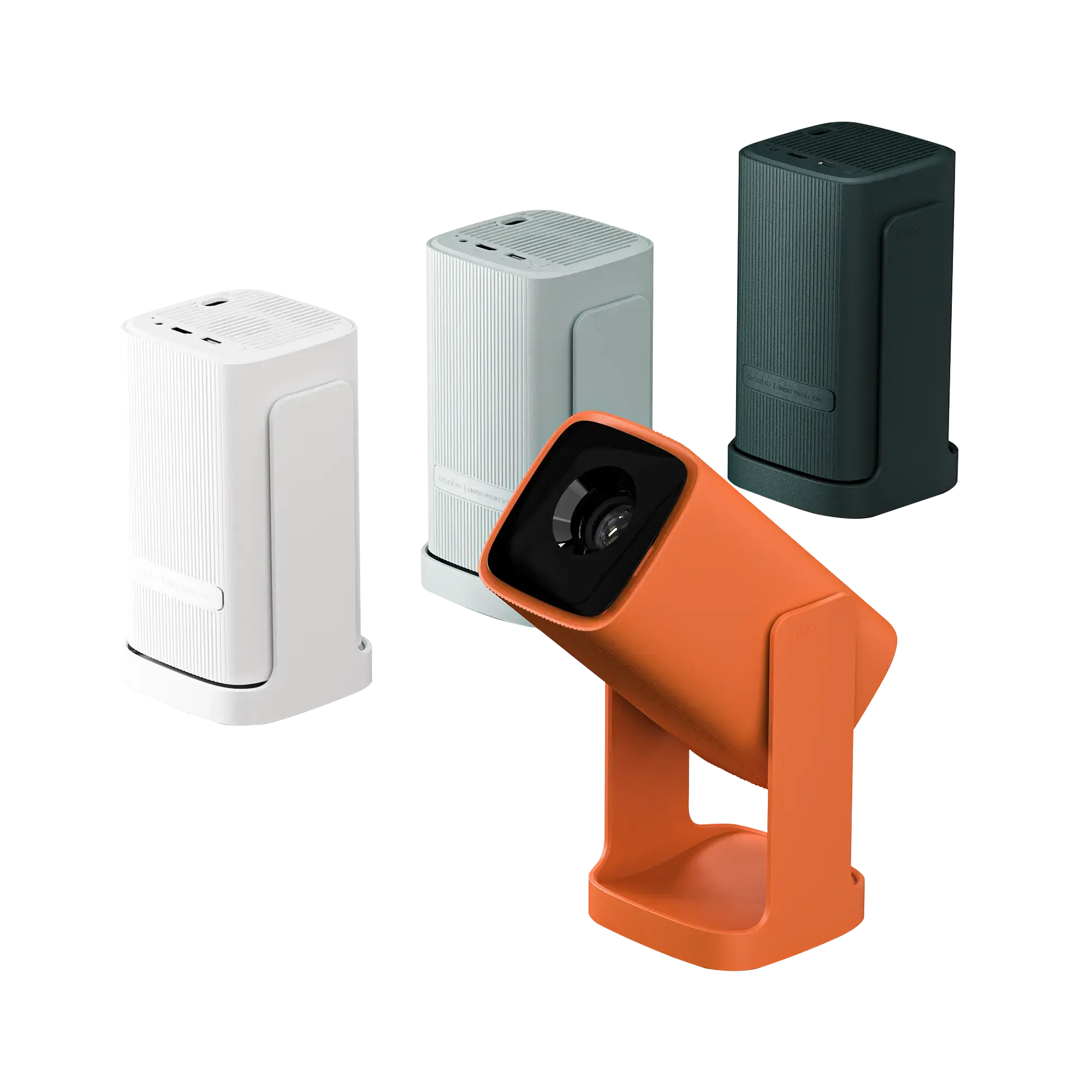 Color variants of the Wanbo Cube 1 portable projector: Dark Green, Sky Blue, Canyon Orange, and Alpine White