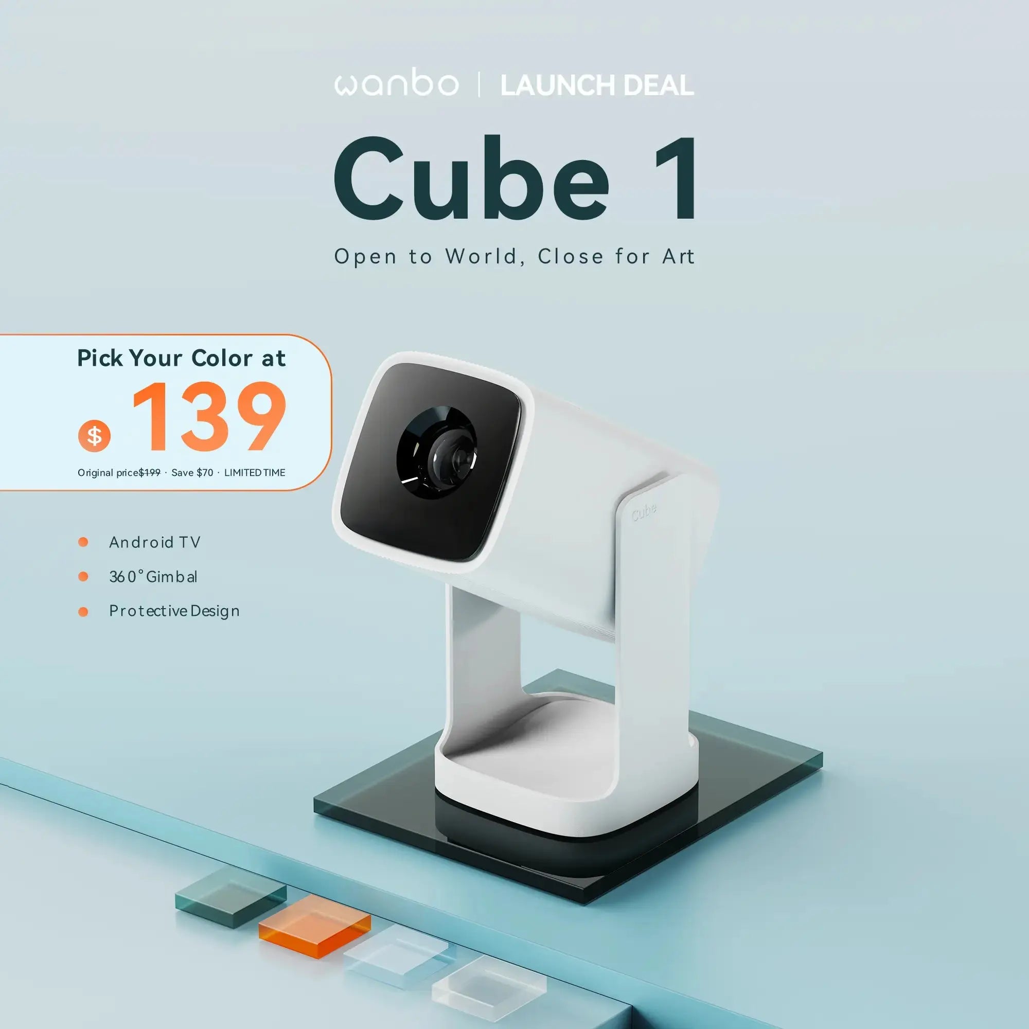 Wanbo Cube 1 projector in Alpine White – $139 launch price. Includes Android TV, 360° Gimbal, and protective design. Original price $199, save $60.