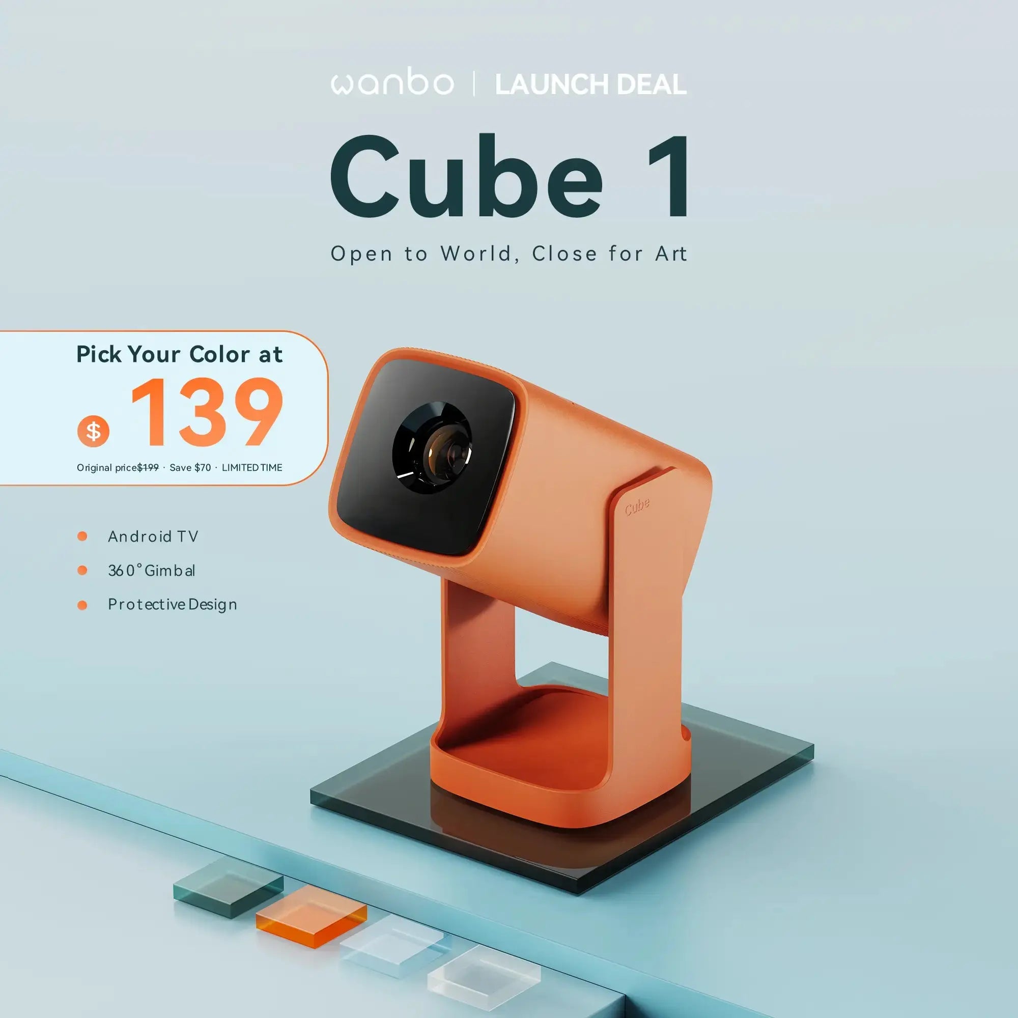 Wanbo Cube 1 projector in Canyon Orange – limited time offer $139. Equipped with Android TV, 360° Gimbal, and protective design. Save $60.