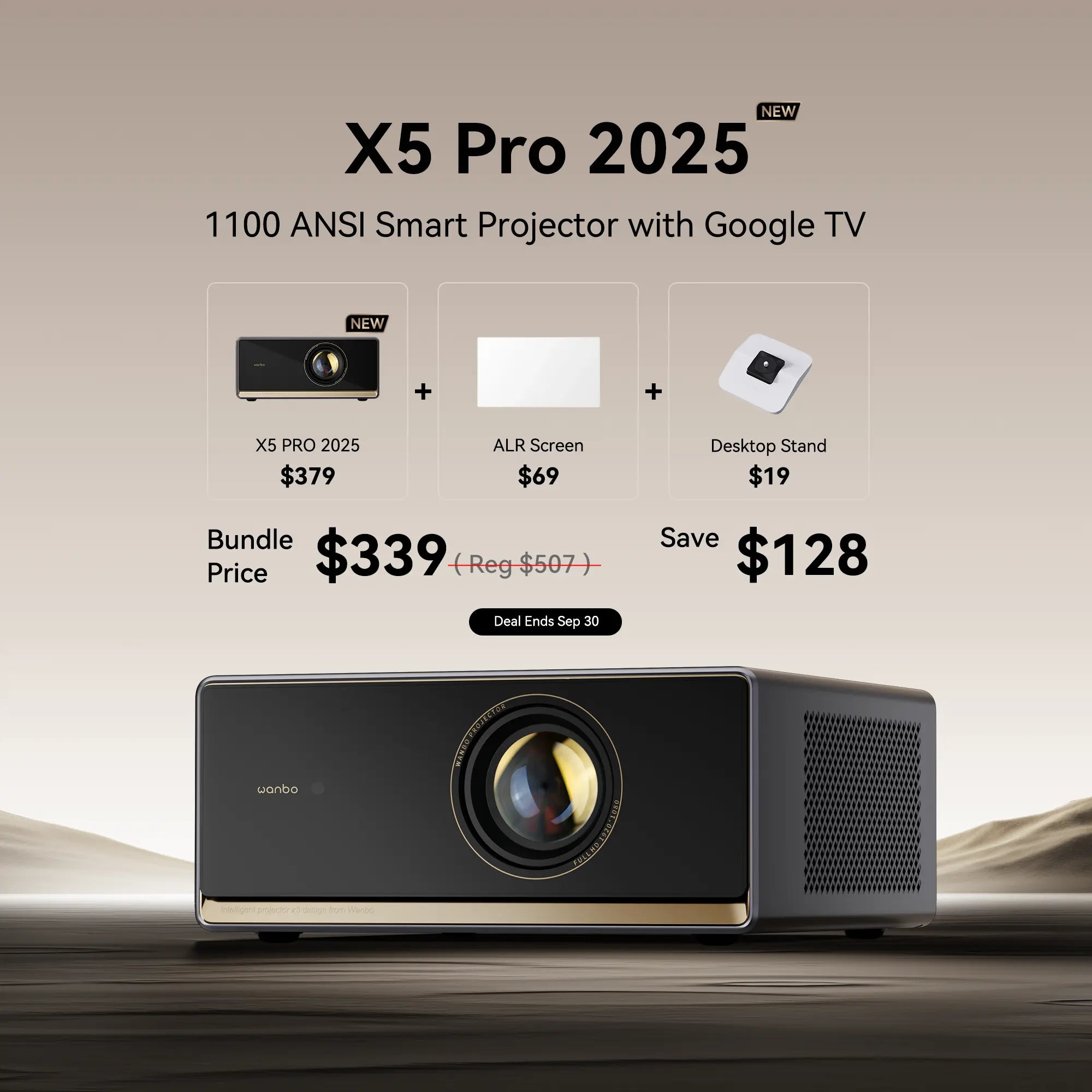 Bundle deal for a Wanbo X5 Pro 2025 projector, ALR screen, and desktop stand for $339, saving $128. Deal ends Sep 30.