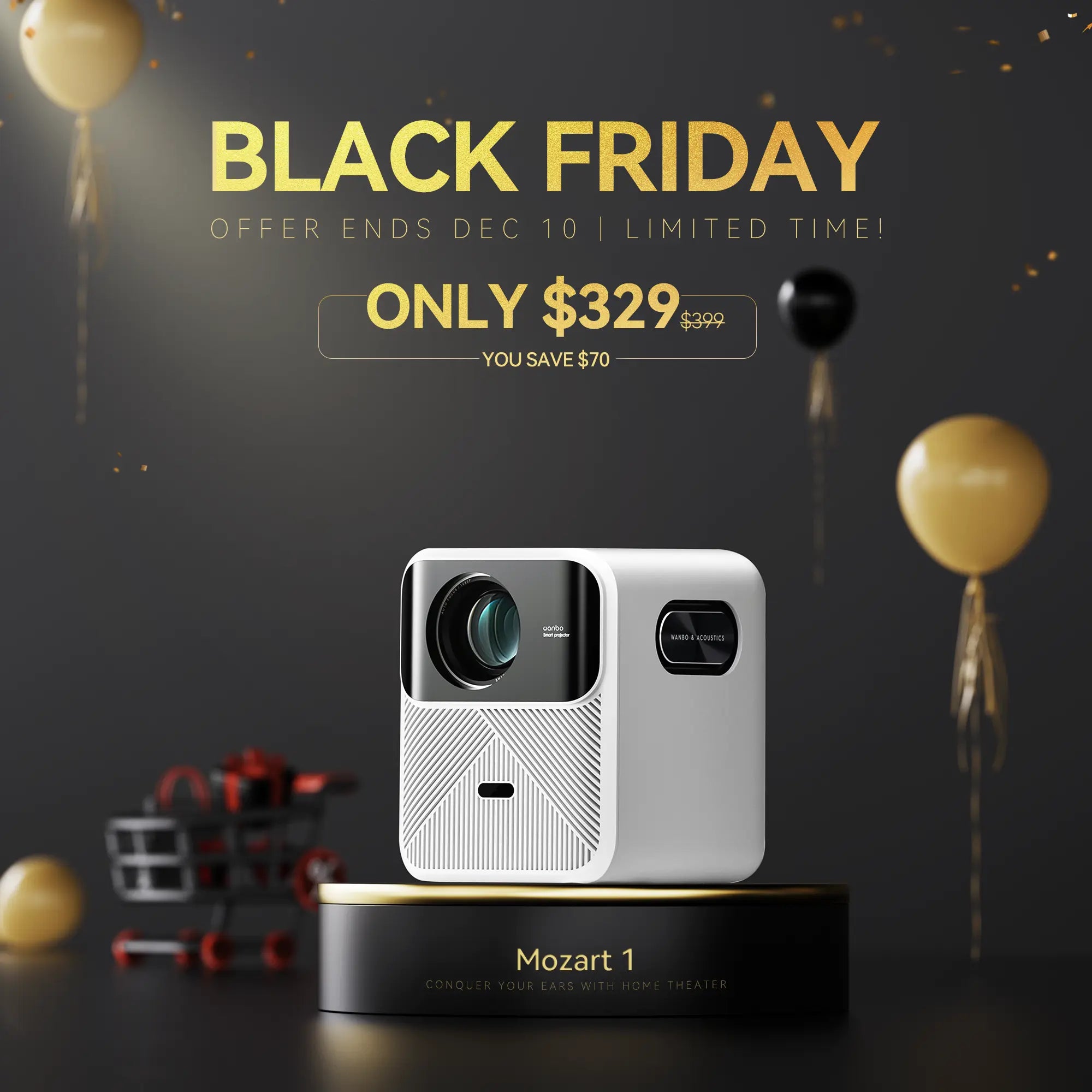 Wanbo Black Friday offer for the Mozart 1 projector, designed to conquer your ears with home theater sound, now only $329 (save $70). Offer ends December 10.