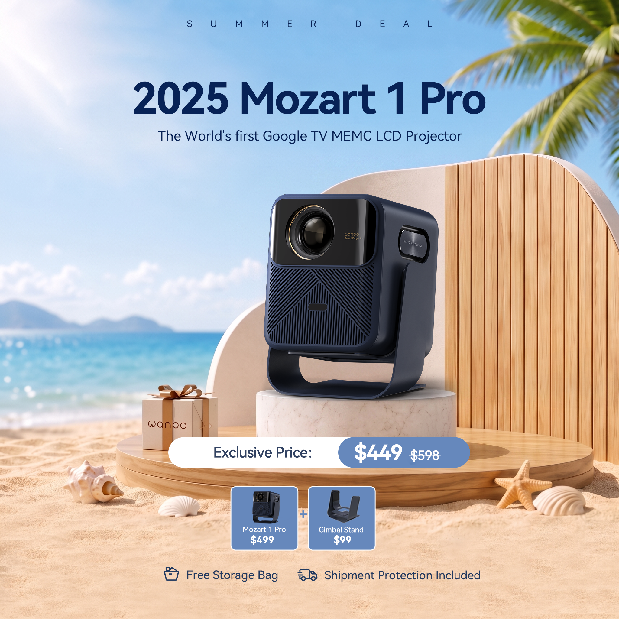 Wanbo 2025 Mozart 1 Pro Google TV MEMC Projector, Online 4K, 1200 ANSI HDR10