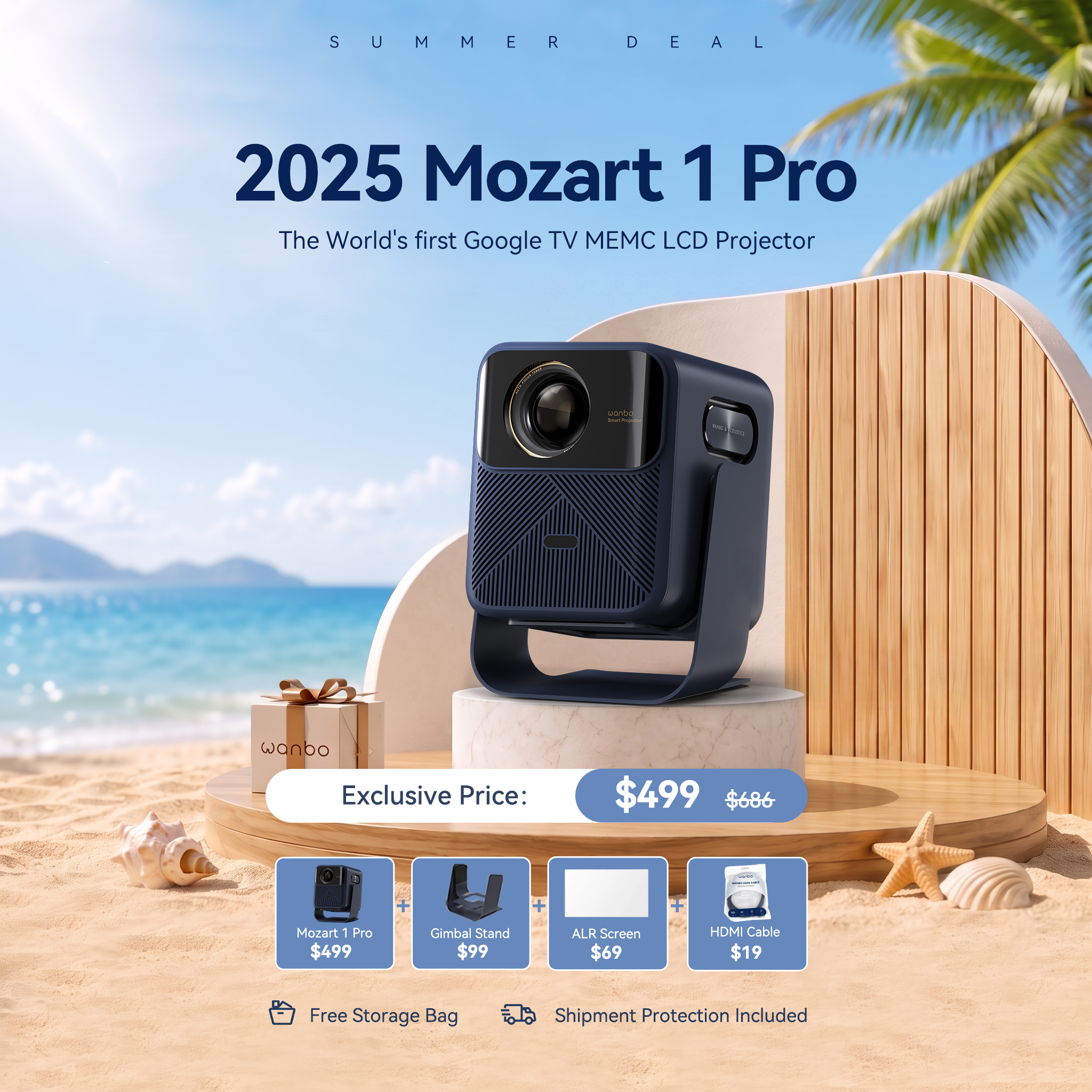 Wanbo 2025 Mozart 1 Pro Google TV MEMC Projector, Online 4K, 1200 ANSI HDR10