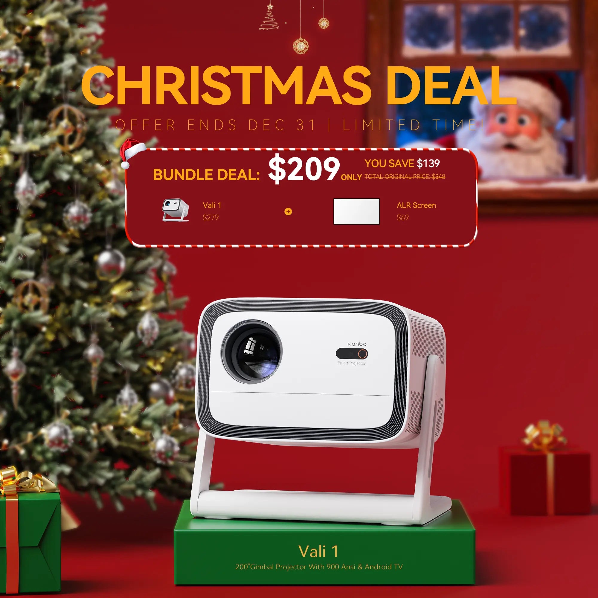 Wanbo Christmas Bundle Deal: Vali 1 200° Gimbal Projector with 900 ANSI & Android TV, plus ALR Screen for $209. Save $139. Limited time offer ends Dec 31.