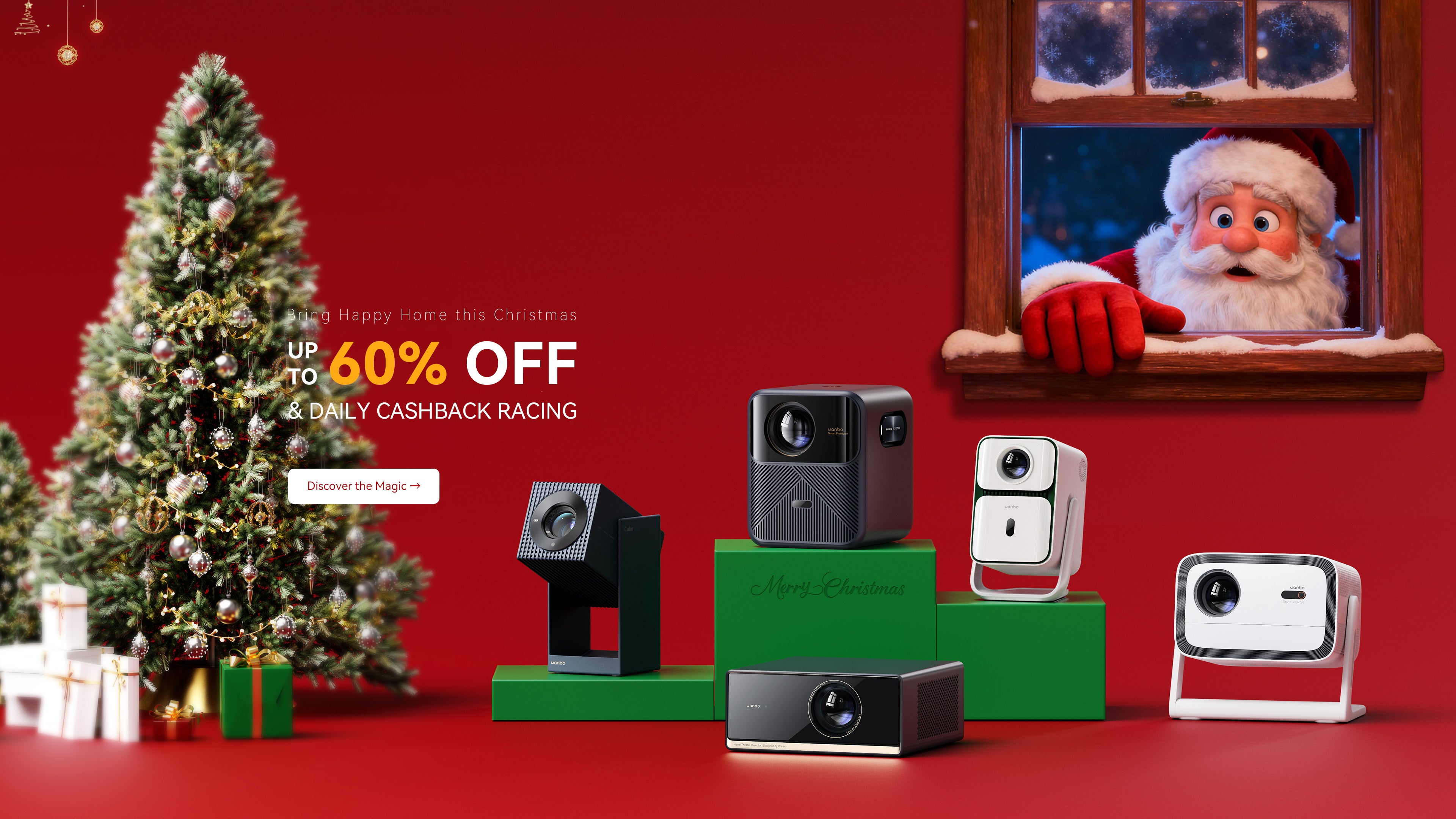 Wanbo Christmas Sale Banner: Up to 60% OFF and Daily Cashback Promotion. Discover Holiday Magic.