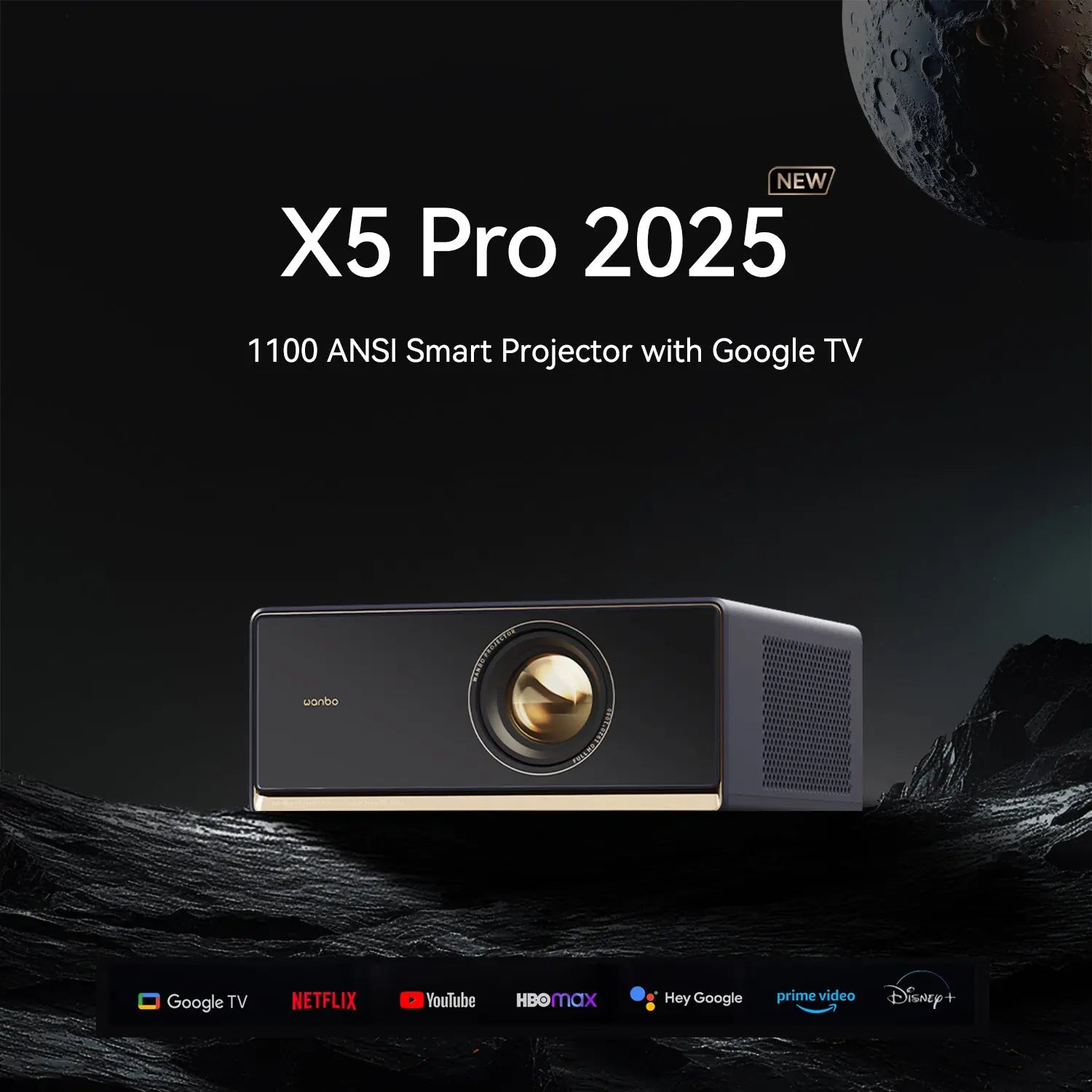 X5 Pro 2025 – 1100 ANSI Smart Projector with Google TV, featuring Netflix, YouTube, Prime Video, and more.