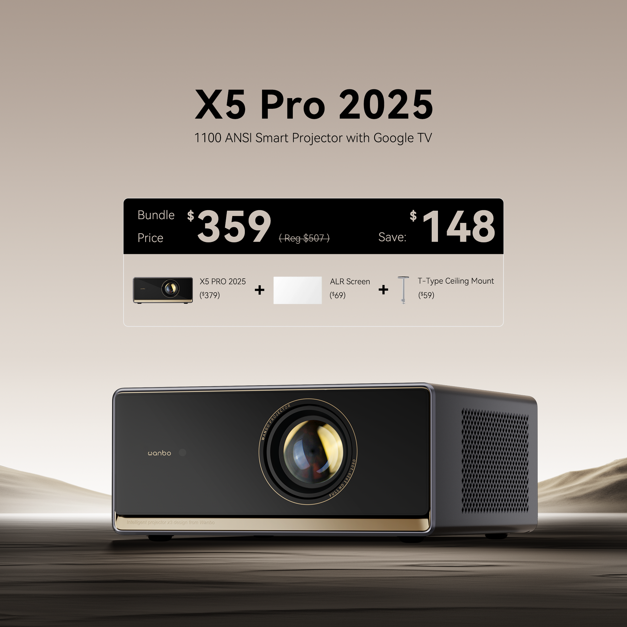 Wanbo X5 Pro 2025 Projector Bundle with Ceiling Mount & ALR Screen | Save $148 | Complete Home Theater Setup