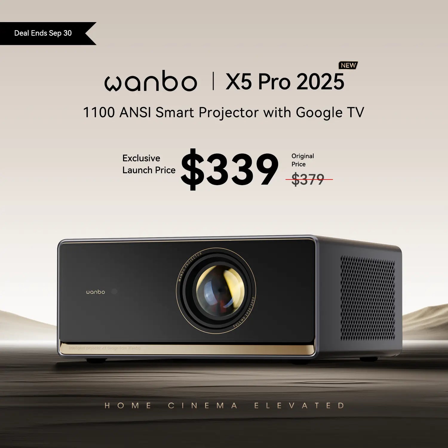 Wanbo X5 Pro 2025 Smart Projector – 1100 ANSI, Google TV integrated. Exclusive launch price $339 (original $379), deal ends Sep 30. Elevate home cinema.