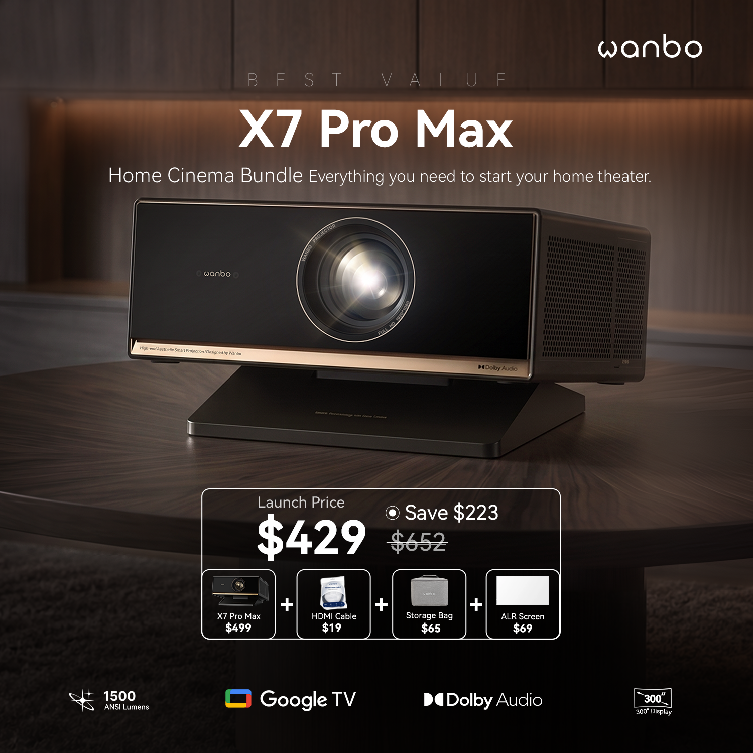 Wanbo X7 Pro Max 1500 ANSI Cinema Projector with Google TV