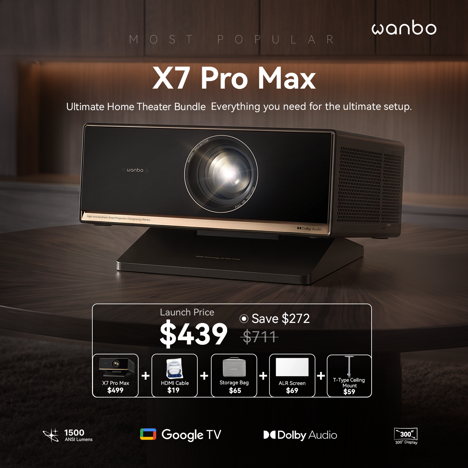 Wanbo X7 Pro Max 1500 ANSI Cinema Projector with Google TV