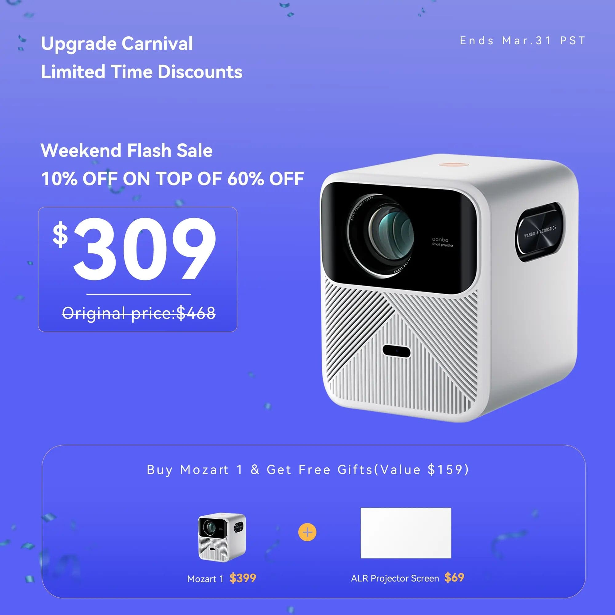Wanbo Weekend Flash Sale-Wanbo Mozart 1 Projector PixelPro 5.0 full closed optical | 8W*2 Full-frequency speakers