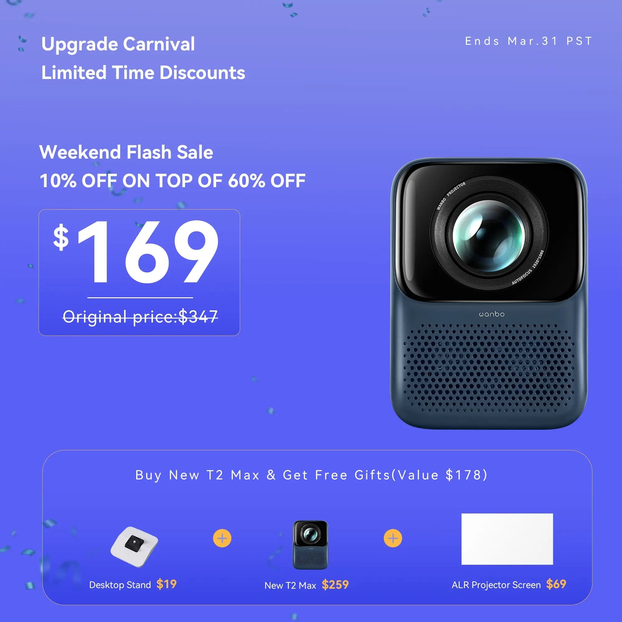 Wanbo Weekend Flash Sale-Wanbo New T2 Max Projector High Brightness 1080p Dual-Band Wifi 6