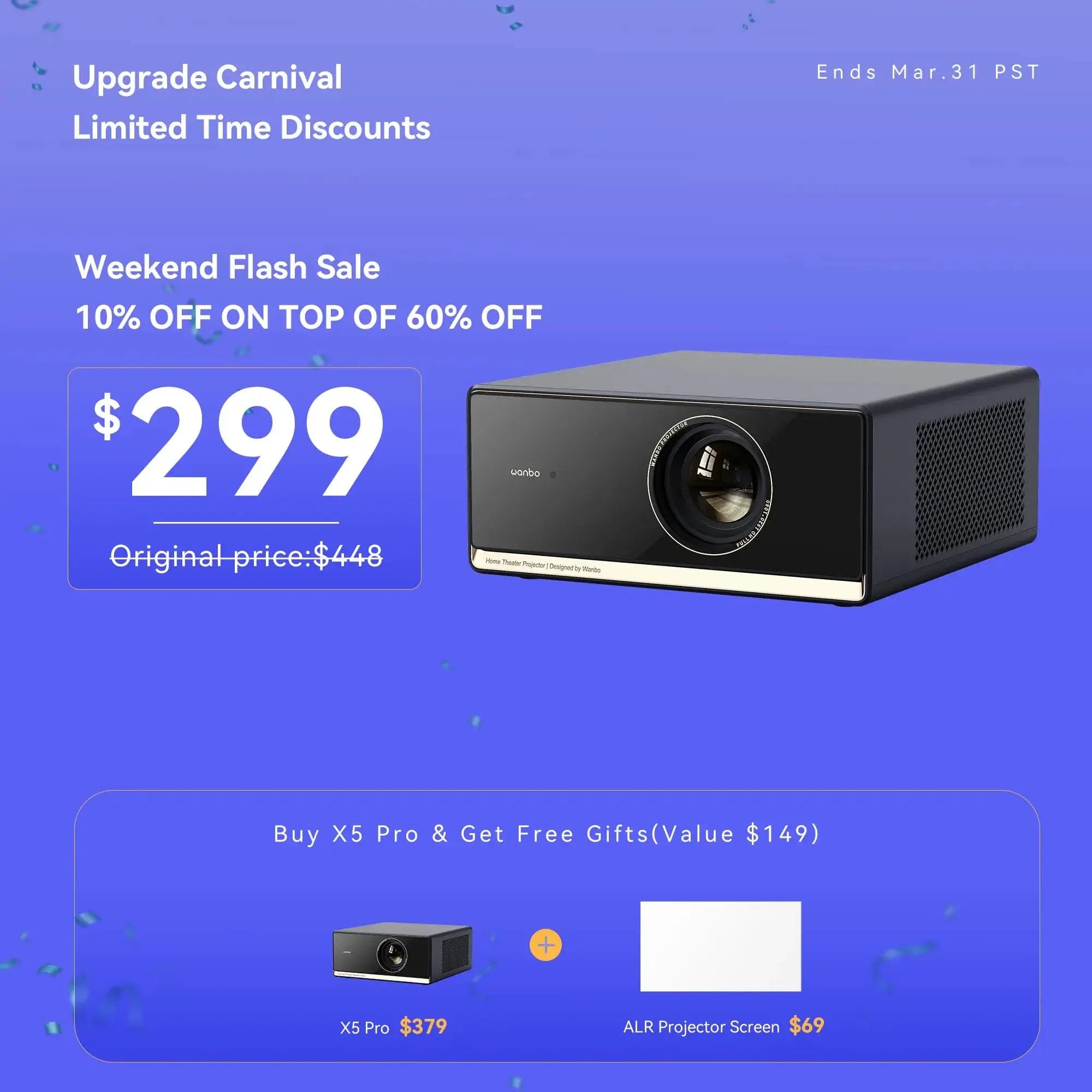 Wanbo Weekend Flash Sale-Wanbo X5 Pro New Upgraded 1100 ANSI Smart Projector With Android 11 TV 1080p