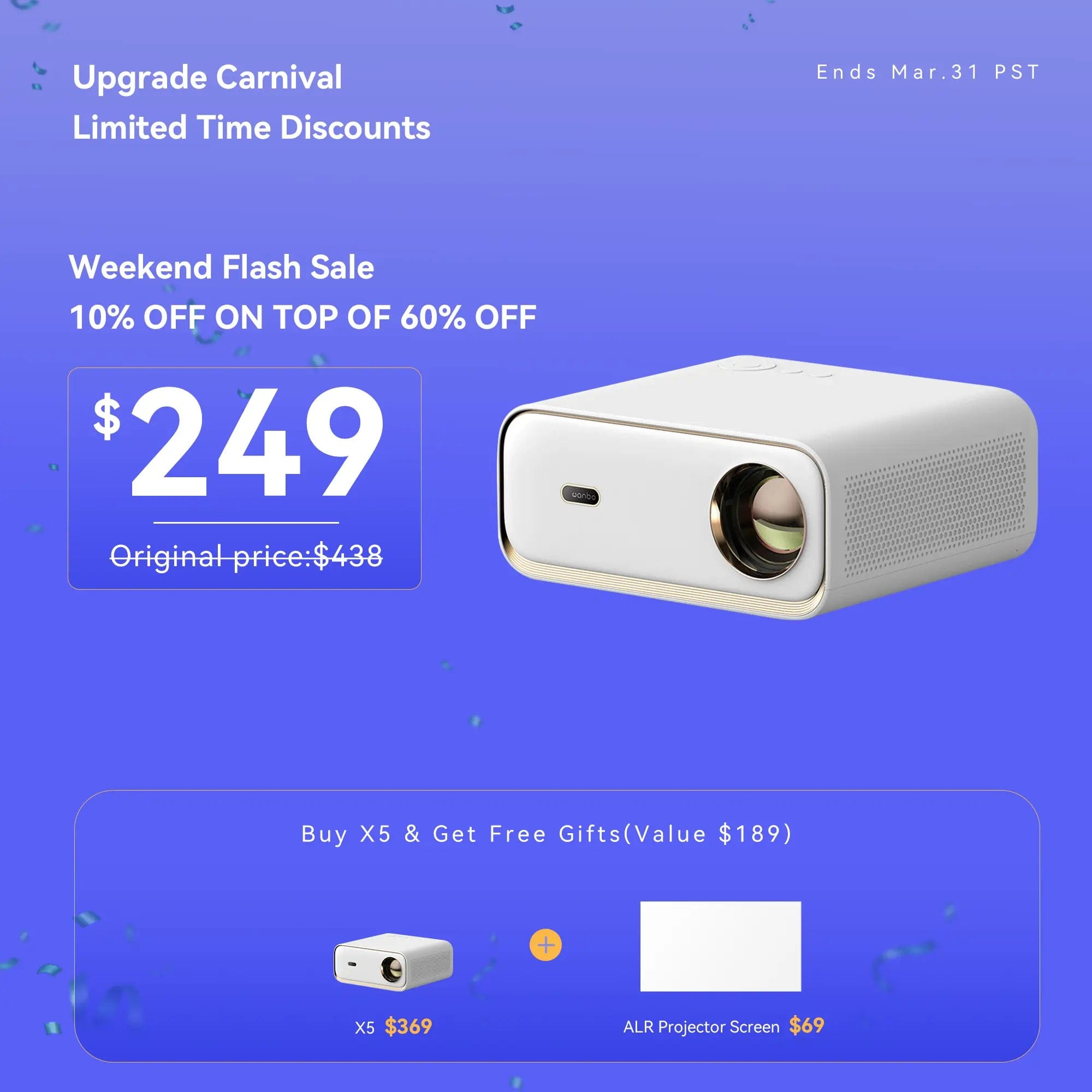 Wanbo Weekend Flash Sale-Wanbo X5 Projector Auto Focus 1100 ANSI High Brightness 1080P Dual-Band Wifi 6 Hidden bracket